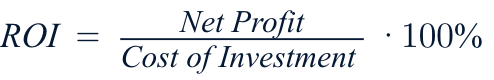 ROI = (Net Profit/Cost of Investment) * 100%